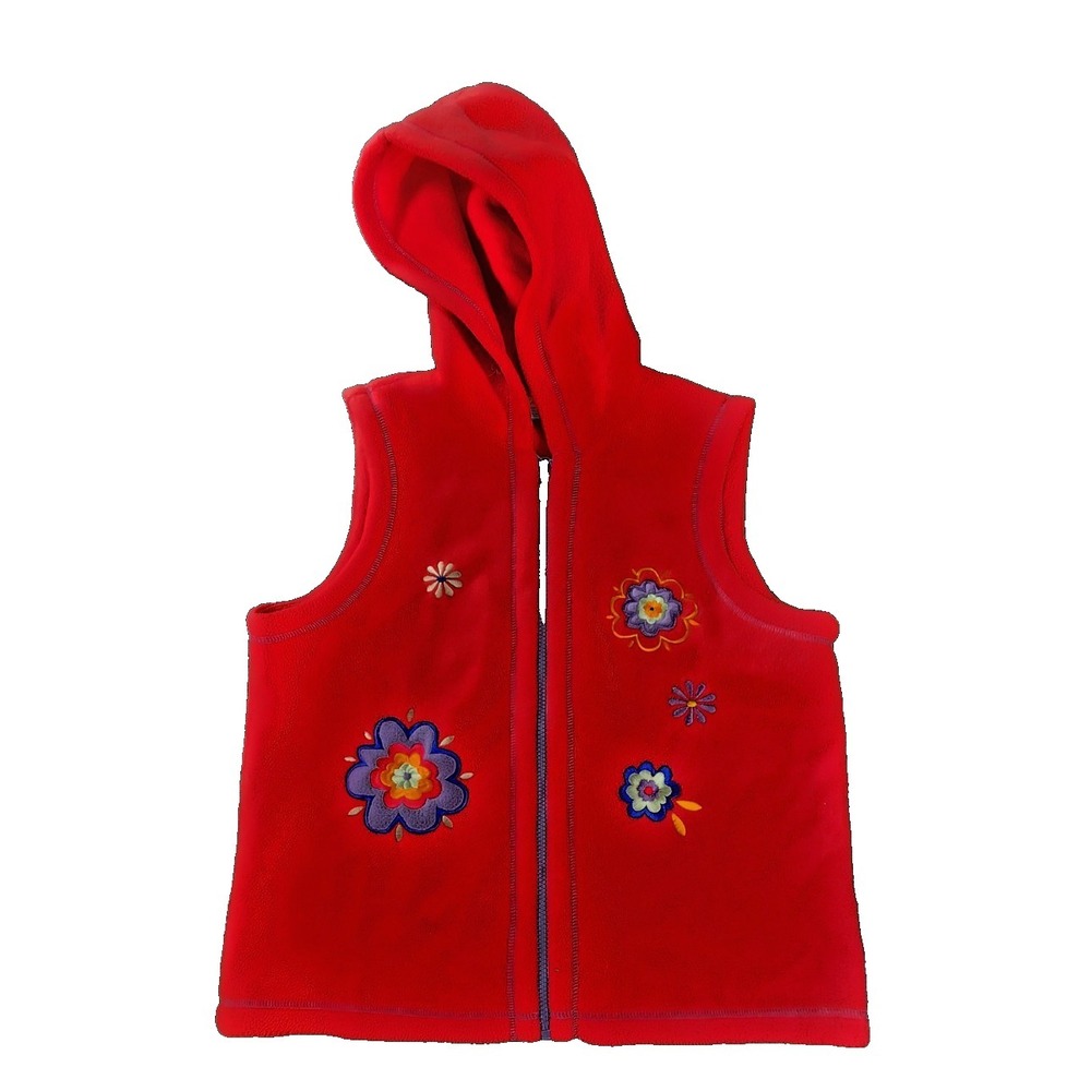 Hanna‎ Andersson Girls Red Fleece Hooded Vest Floral Embroidered Size 160 USA